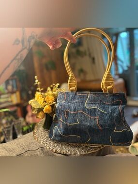 Artisan Textured Fabric Handbag Acrylic Handles Abstract Pattern Structured Boho